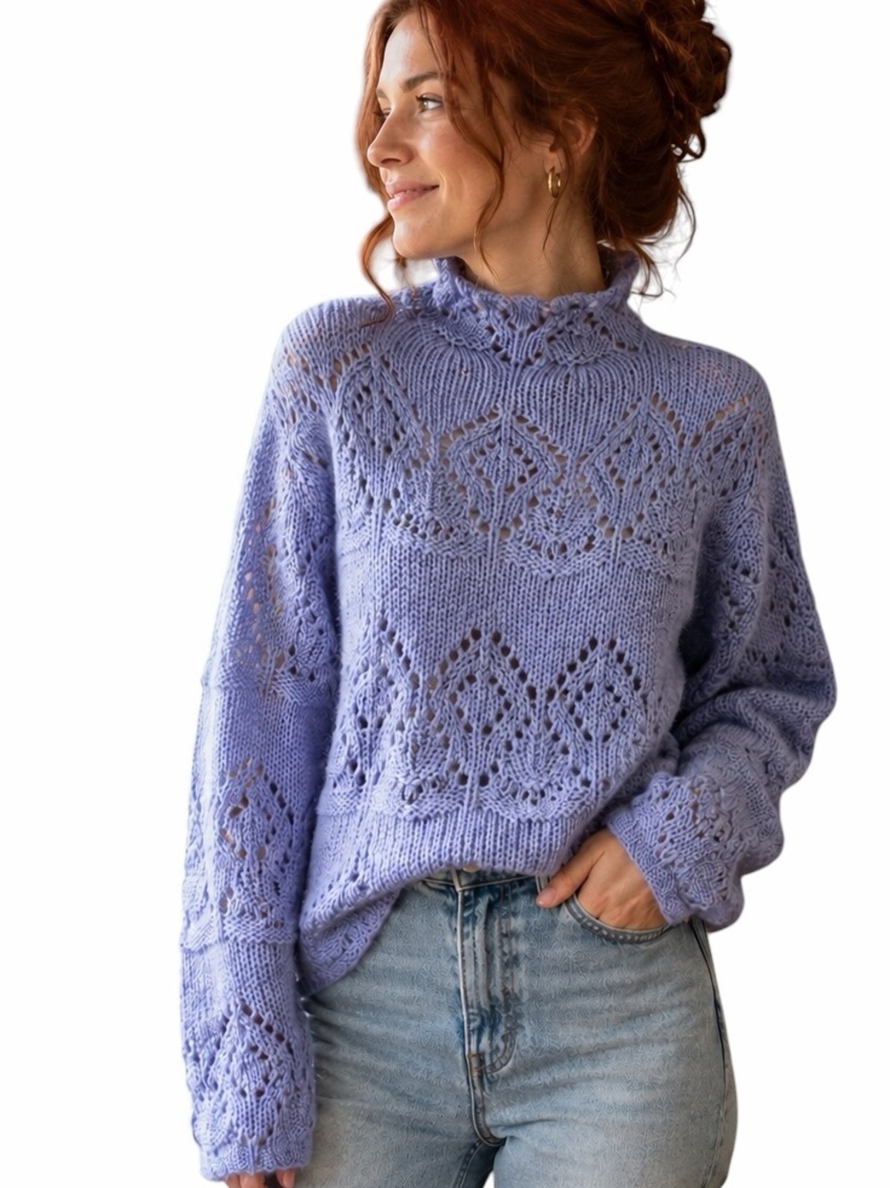 Med/Large Lavender Mock Neck Open Knit Sweater Cottagecore Balletcore Feminine